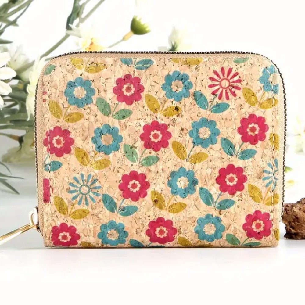 ** Boho Flower Pattern Cork Wallet, Eco-friendly Material Wallet, Zipper